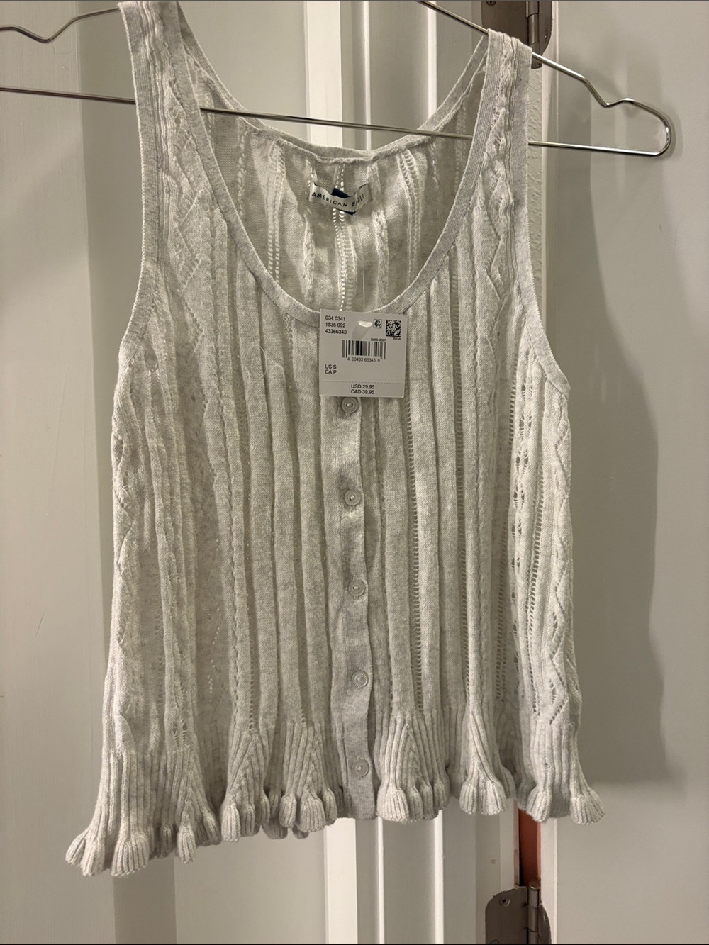 American Eagle Outfitters White Button-Front Knit Ruffle Hem Tank